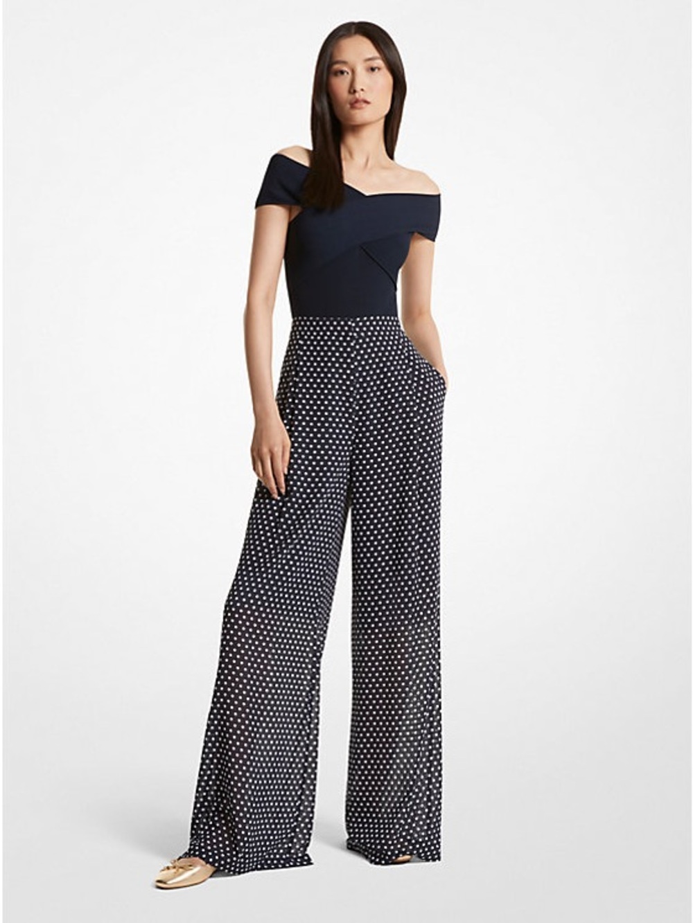 Michael Kors Satin Trousers| Navy/off white polka dot print